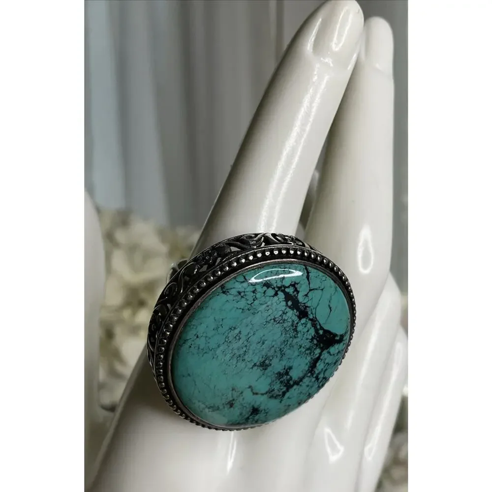 Large Sterling Silver Bold Turquoise Statement Ring Filigree Wide Band Size 8